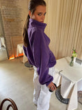 Casual Purple Fleece Jacket Womens Stand Collar Contrast Zip Loose Fit Pockets Coat Fall Winter Sporty Outdoor Streetwear Wear