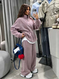 Multi Color Fleece Two Piece Outfit Womens Zip Up Drawstring Waist Pocket Jacket Lady Fall Winter Daily Streetwear Trendy Wear