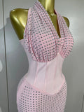 Elegant Evening Party Prom Gown Birthday Dress Women Shining Rhinestones Sexy White/Pink Mesh Halter Bodycon Long Bandage Dress