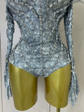 Sexy Sparkly Rhinestone Performance Dancer Stage Bodysuit With Gloves Women Birthday Party Nightclub Bar Dancer Photoshoot Wear
