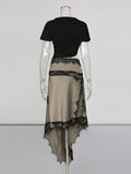 Hit Color Irregular Lace Midi Dress for Women O Neck Short Sleeves Cut Out Waist Lace Trim Skirt for Stylish Party