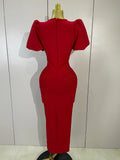 Shiny Bow Sexy Cut Out Short Sleeve Red Bodycon Bandage Long Dress Women Evening Party Celebrate Birthday Knitted Club Prom Gown