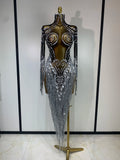 Sparkly Rhinestones Sequins Fringes Birthday Celebrate Evening Dress Women Sexy Mesh Transparent Dance Costume Photo Shoot Wear