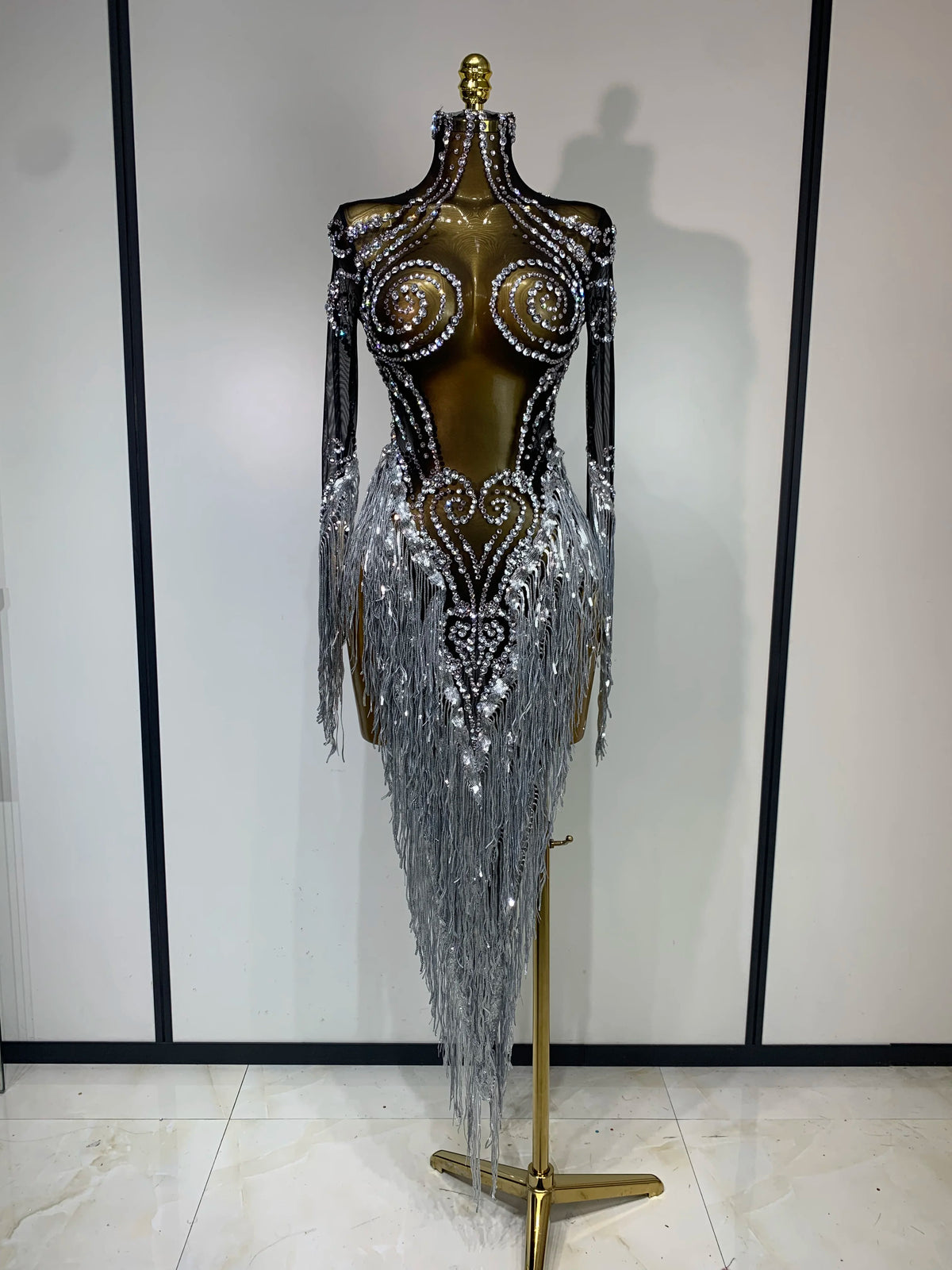 Sparkly Rhinestones Sequins Fringes Birthday Celebrate Evening Dress Women Sexy Mesh Transparent Dance Costume Photo Shoot Wear