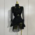 Women Evening Club Party Birthday Dresses Elegant Black High Collar Long Sleeve Solid Mesh Sexy See Through Ruffle Mini Dress