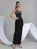 2026 New Sexy One Shoulder Pearl Bead Flower Maxi Long Bodycon Bandage Dress Women Elegant Evening Club Party Outfit