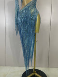 Sparkly Diamond Blue Rhinestone Mesh One Shoulder Tassel Dress Sexy Eveing Party Bar Nightclub Stage Costume Latin Dance Outfits