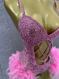 Glamorous Pink Sparkly Rhinestone Feather Trim Bodysuit Performance Costume Singer Stage Outfit Birthday Party Nightclub Wear