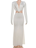 Waistless Elegant Dress Women Classic Full Sleeve Padded Bra Deep v-Neck Metal Buckle Hipster Simple Skinny Vestidos