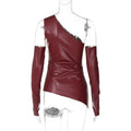 Sleeveless Skew Collar PU Leather Vest With Sleeves Top Two Pieces For Women Streetwear Fashion Slim Crop Tops Punk Style