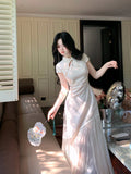 Chinese Traditional Dress Slim Tassel Splicing Jacquard Waist Cinched Cheongsam Qipao Summer Fairy Beautiful Women's Clothing