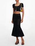 Black 3D Floral Hollow Knit Two Piece Set for Women Square Collar Short Sleeve Crop Top Mermaid Mid Skirt for Beach Vacation