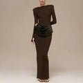 Elegant Style Pencil Dresses for Women O Neck Shoulder Pud Long Sleeve High Waist Pleated Slim Maxi Dress Female