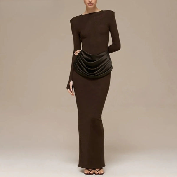 Elegant Style Pencil Dresses for Women O Neck Shoulder Pud Long Sleeve High Waist Pleated Slim Maxi Dress Female