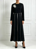 Elegant Round Neck Two Piece Sets for Women Contrast Stitching Long Sleeve Top Wide Leg Pants for Formal Daily Casual Outfit
