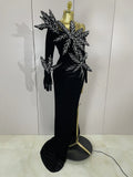 Shiny Diamond Velvet Sexy Side Slit Floor Length Dress With Gloves Women Chic Birthday Banquet Show Host Nightclub Stage Wear
