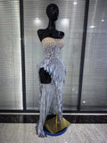 Women Sexy Strapless Sparkly Diamonds Mesh See Through Maxi Long Dress Luxury Birthday Evening Party Nightclub Bar Stage Costume
