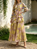 French Vacation Style Floral Print Dress for Women Tie Neck Waist Belt Asymmetrical Ruffle Hem Skirt for Outdoor Photoshoot