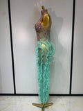 Sparkly Rhinestone Sleeveless Mesh Ruffled See Through Long Dress Sexy Evening Birthday Party Nightclub Bar Singer Stage Costume