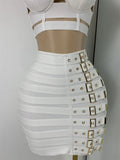 White Two Pieces Dress Set Women Sexy Square Collar Sleeveless Design Crop Top Short Skirt Suit Nightclub Birthday Clothing