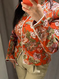Women Floral Jacquard Contrasting Trim Blazer Lapel Collar Waist-cinching Single-breasted Jacket Autumn Lady Chic Coats 2026 New