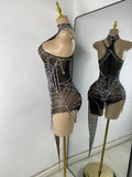 Sparkly Rhinestone Shining Women Sexy Bodycon See Through Irregular Hem Mini Dress Birthday Party Performance Costume