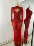 Sparkly Rhinestone Women Sexy Mesh See Through Floor Length Long Sleeve Birthday Dress Party Nightclub Stage Wear
