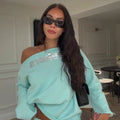Solid Women Loose Pants Set Letter Print Off Shoulder Long Sleeve Sweatshirt Wide Leg Trousers Chic Casual Loungewear Suit 2026