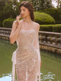 2026 New Sexy Luxury Sparkly Silver Sequin See Through Mesh Long Dress Women Evening Birthday Party Bar Stage Show Costum