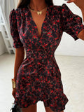 Elegant Flora Painted Ruffle Mini Dress Women Sexy Full Sleeve Deep V-neck Slim Short Robe 2026 Summer New Lady Party Club Wears
