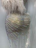 Women Sparkly Rhinestone Tassel Off The Shoulder Mesh See Through Long Dress Sexy Eveing Party Birthday Nightclub Stage Costume