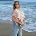 Sexy Cape Style Lace Perspective Top Women Half High Neck Short Sleeve Solid Irregular Pullover Lady Chic Casual Beach Top Cloth