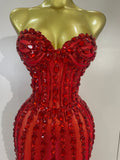 Luxury Sparkly Red Diamond Sexy Strapless Mesh See Through Long Dress Evening Party Birthday Nightclub PhotoShoot Stage Costumes