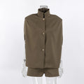 Retro Khaki Shorts Set for Womenstand Collar Sleeveless Cape Vest High Waist Shorts Office Two Piece Sets Female