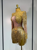 Women Long Sleeve Sexy Stretch Bodycon Shinning Tassels Rhinestones Bodysuit Celebrate Birthday Club Evening Party Stage Outfit