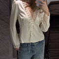 Sexy V-neck Lace Patchwork Solid Top Women Short Sleeve Single Breasted Lace Up Loose Tops Female Spring Chic Casual Streetwear