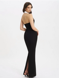 Black Color Women Sexy Halter Backless V-Neck Bodycon Long Bandage Maxi Dress High Street Elegant Evening Party Wear