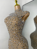 Gold Party Evening Short Dress Sparkly Diamonds Luxury Elegant Mesh See Throught Cocktail Birthday Clothing Night Club Show Wear