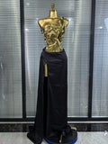 Opulent Arrival Gold Color Sexy Laced-up Tops 2 Pieces Set Long Dress Women Celebrate Evening Party Celebrity Elegant Dress