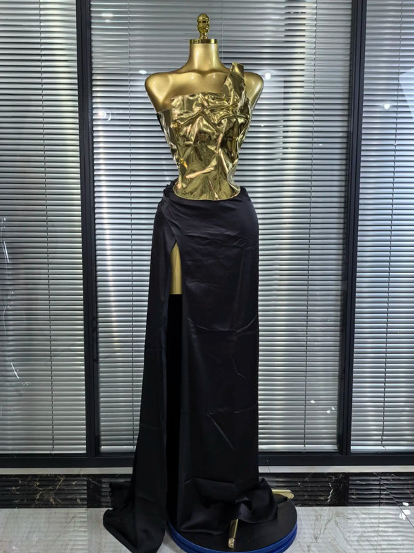 Opulent Arrival Gold Color Sexy Laced-up Tops 2 Pieces Set Long Dress Women Celebrate Evening Party Celebrity Elegant Dress