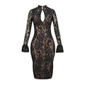 Solid Slimming Spliced Lace Fashion Dresses for Women Round Neck Long Sleeves Patchwork Hollow Out Dress Female New