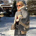 Women Color Block Spliced Ski Set Fleece Lined Stand Collar Zip Jacket Multi‑Pocket Wide Leg Trousers 2026 Winter Fashion Outfit