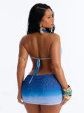 Colorful Gradient Print Dress Women Backless Sleeveless Halter Deep v-Neck Mesh Folds Summer Fashion Mini Bodycon