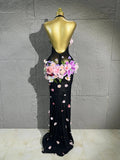 3D Floral Rhinestone Halter Maxi Bodysuit Dress Women Deep V Mesh See-Through Long Gown Carnival Rave Festival Performance Costume