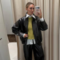 Women 2‑Piece Outfit Glossy Waxed Faux Leather Zip‑Up Jacket And High Waist Split Midi Skirt Set Fall Streetwear Matching Suit