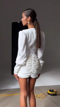 Sexy Women Deep V Puff Long Sleeve Satin Dress Solid Waist-cinching Design Ruched Slim Fit Dresses Elegant Party Lady Gowns 2026