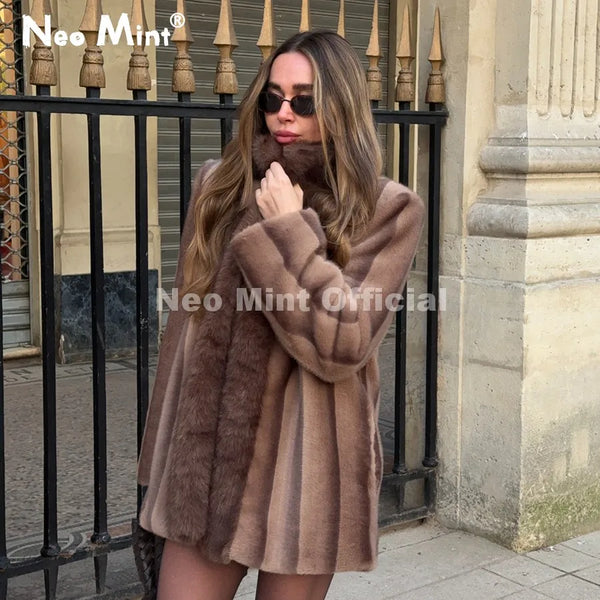 Hot Fashion 2026 Winter Luxury Striped Faux Mink Fur Jacket Women Stylish Power Shoulder Fur Trim Blazer Coat Outerwear