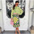 Bow Tie Neck Women Floral Print Set Long Puff Sleeve Cuff Trim Loose Blouse Vibrant Ethnic Midi Skirt Straight Hem Street Daily
