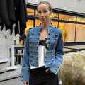 Cropped Denim Jacket Women Stand Collar Bell Sleeves Double Breasted Splicing Retro Fashion Biker-Style Coat Autumn 2026