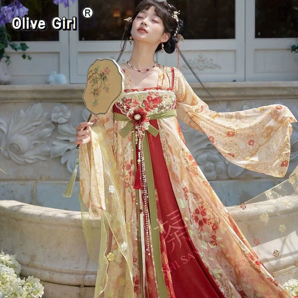 Olive Girl Red Embroidered Hanfu Dress for Ren Faire 2026 Garden Wedding Fairycore Photoshoot S-XL XS-3XL Plus Size Embroidered Flowing Sleeve Dramatic Silhouette Romantic Garden Party Editorial Not Costume Chinese Heritage Fashion Women